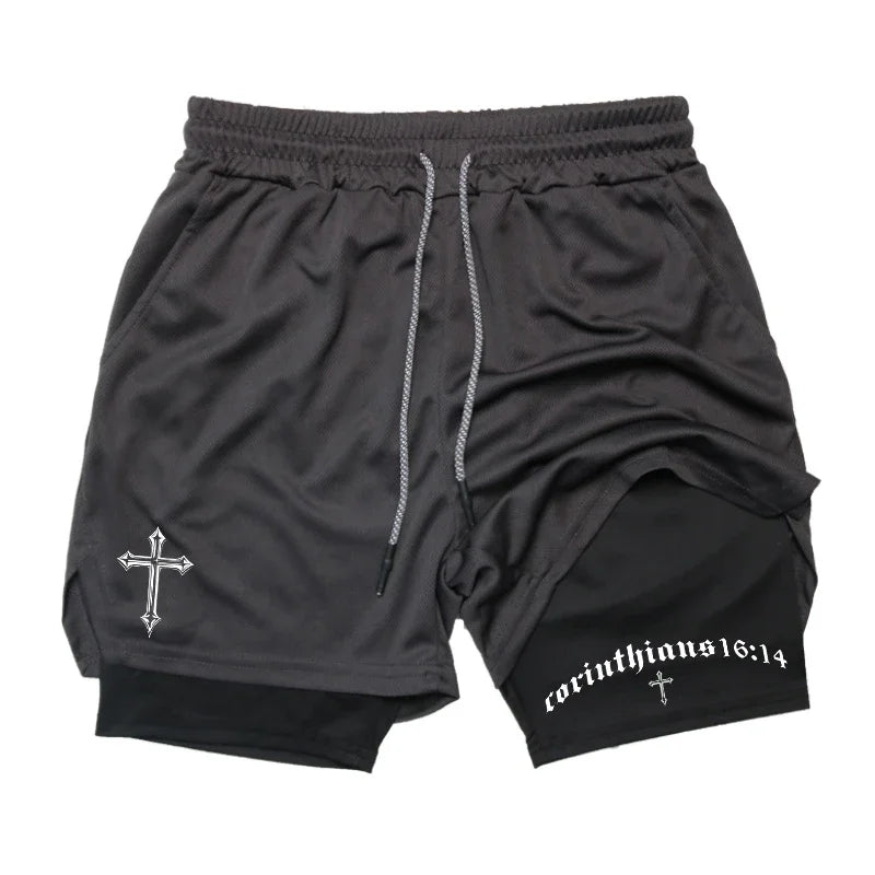 Men's BiBible patterned two-in-one sports shorts Christian fitness training mobile phone pocket running
