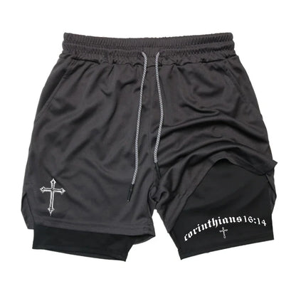 Men's BiBible patterned two-in-one sports shorts Christian fitness training mobile phone pocket running