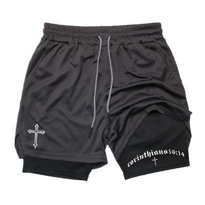 Men's BiBible patterned two-in-one sports shorts Christian fitness training mobile phone pocket running
