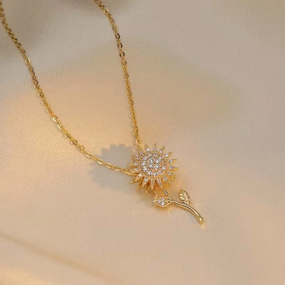 Classic Sunflower Cubic Zirconia Pendant Necklaces For Women Gold Color Alloy Rotate Necklace Daily Jewelry