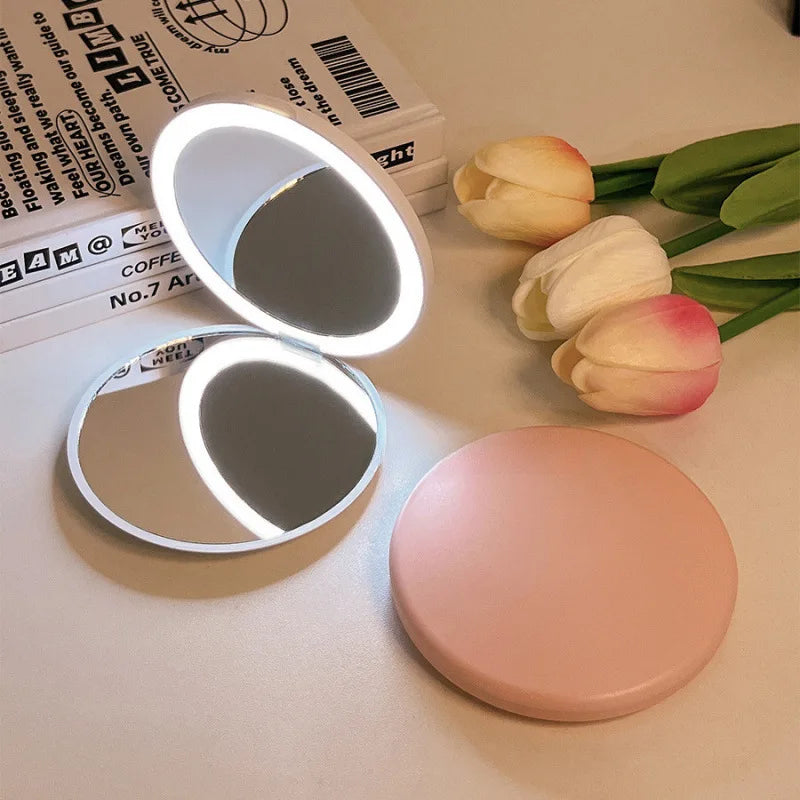 Makeup mirror portable portable small mirror with light led makeup mirror pocket mini handheld luminous folding round mirror