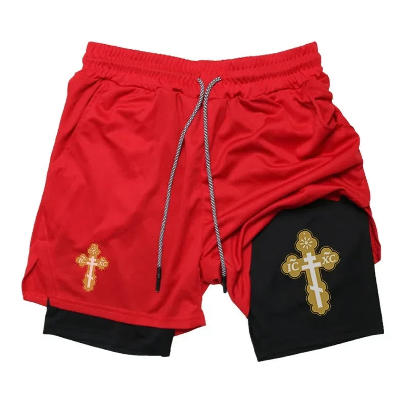 Cross Graphic 2in1 Fitness Gym Performance Shorts Men Christian Sport Quick Dry Breathable Workout Running Shorts with Pocket