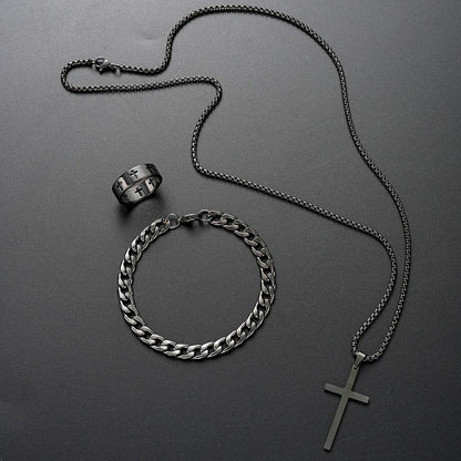 3pcs Set Men's Stainless Steel Metal Cross Pendant Chain Necklace Bracelet Ring Jewelry Set Male Hip Hop Daily Wear Accessories