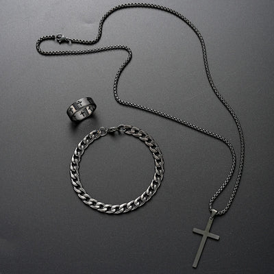 3pcs Set Men's Stainless Steel Metal Cross Pendant Chain Necklace Bracelet Ring Jewelry Set Male Hip Hop Daily Wear Accessories