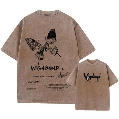 2025 Men Streetwear Anime Vagabond Graphic Print Vintage Harajuku Washed Black T Shirt Men Summer Casual Cotton Loose Top Tee