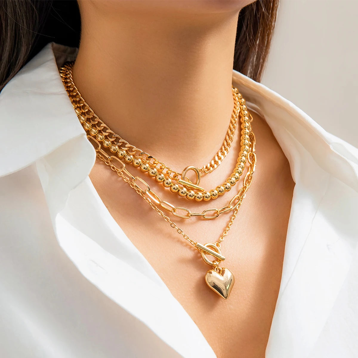 4Pcs/Set Punk Gold Color Heart Pendant Necklace for Women 2024 Trendy OT Buckle Beaded Neck Chain Choker Y2K Jewelry Accessories