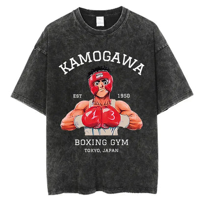 Vintage Cotton Washed T-Shirt Anime Hajime No Ippo Kamogawa Boxing Gym Loose T Shirts Men Women Y2K Hip Hop Summer Top Tee
