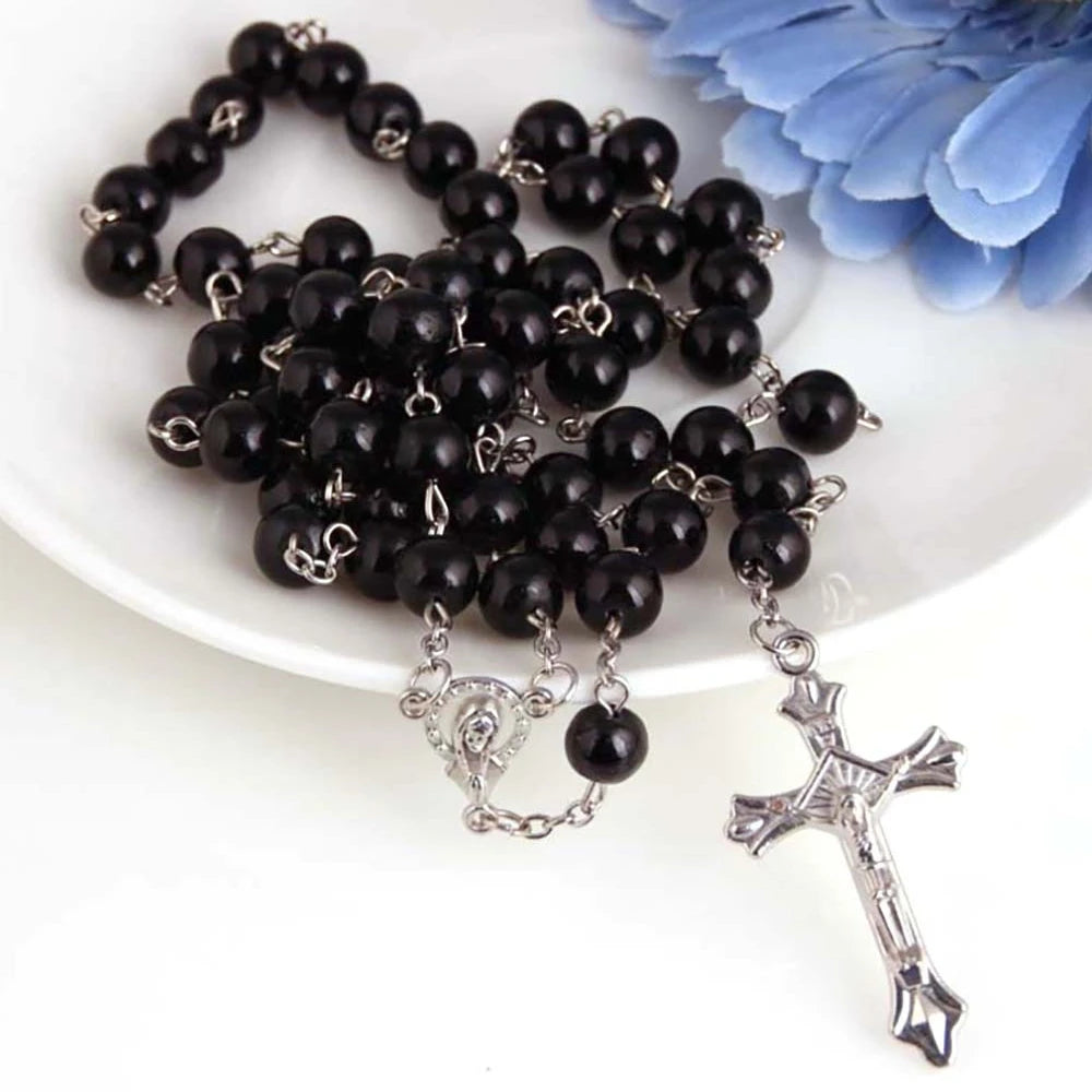 1pcs Handmade Necklace Ladies Imitation Vintage Style Pearl Rosary Beads With Cross Pendant Jewelry