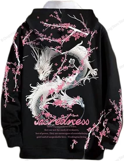 Japanese Style Dragon 3d Print Hoodie Men Women Fashion Full Sleeve Oversized Hoodies Sweatshirt Men Clothes Floral Tracksuit