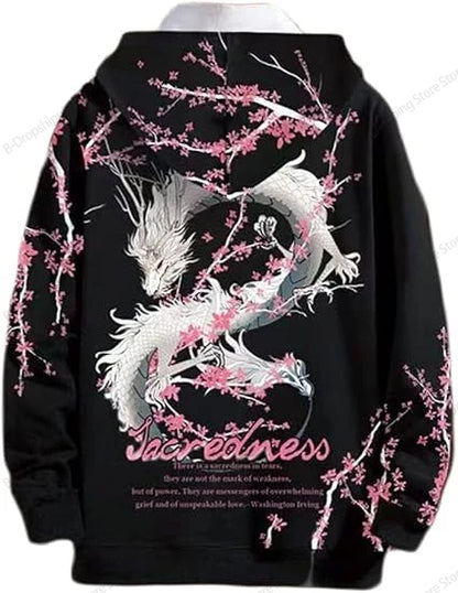 Japanese Style Dragon 3d Print Hoodie Men Women Fashion Full Sleeve Oversized Hoodies Sweatshirt Men Clothes Floral Tracksuit