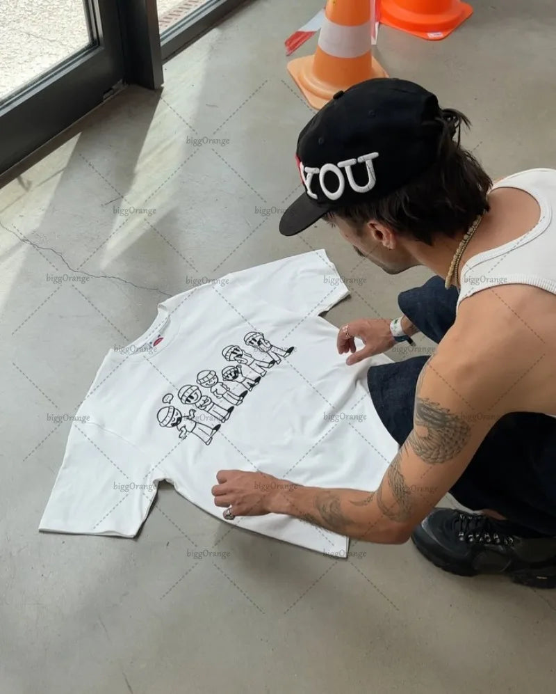 New American Fashion Cartoon Casual Loose Cotton White T-shirt Men 2025 High Street Trend Punk Oversized Short-sleeved Women