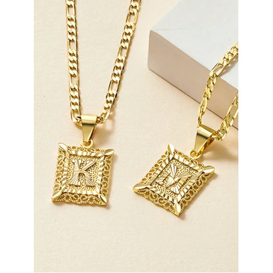 Initial Necklace Square Letter Pendant Necklace Capital Monogram Necklace Alhpabets From A-Z Figaro Chain Necklace
