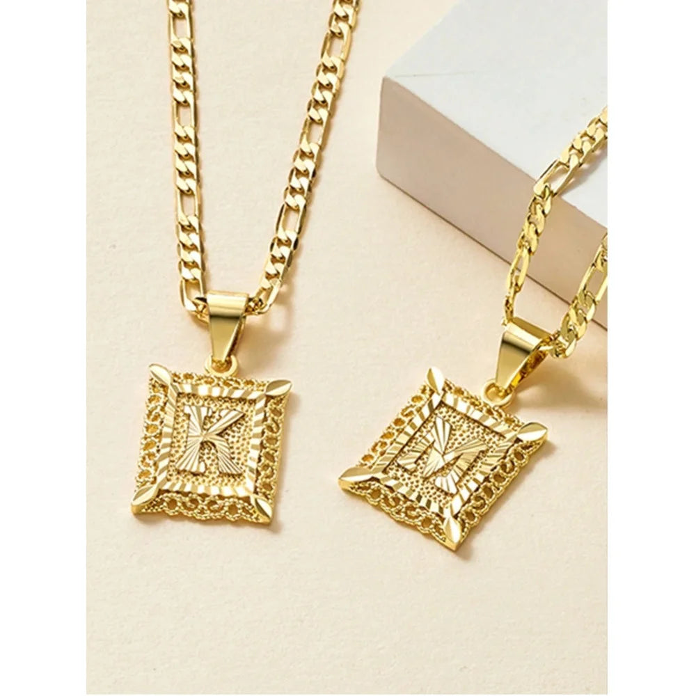 Initial Necklace Square Letter Pendant Necklace Capital Monogram Necklace Alhpabets From A-Z Figaro Chain Necklace