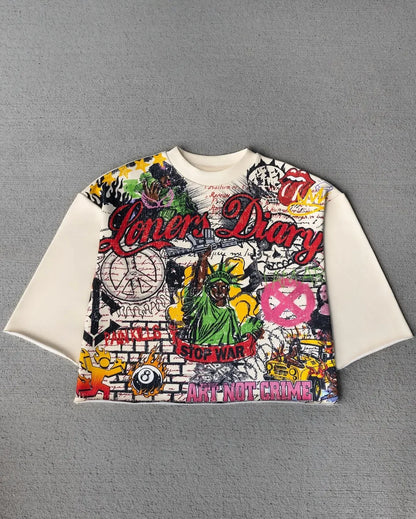 New Y2k Streetwear Splicing T Shirt Fashionable Hip Hop Graffiti Graphic Shirt Printing Ripped Design Retro Oversized Loose Tops