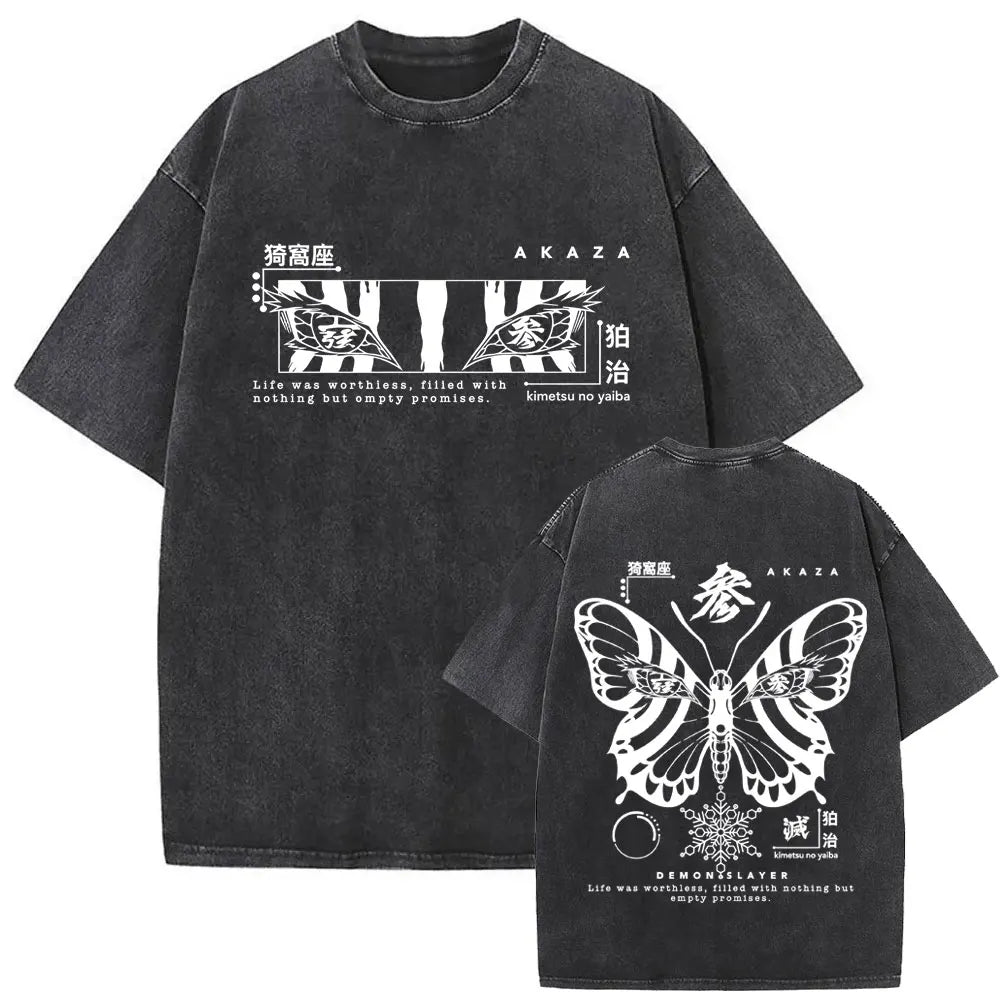 Washed Vintage Anime Demon Slayer Akaza Butterfly Eyes Graphic T Shirts Men Women Cartoon Manga Merch T-shirt Male Cotton Tshirt