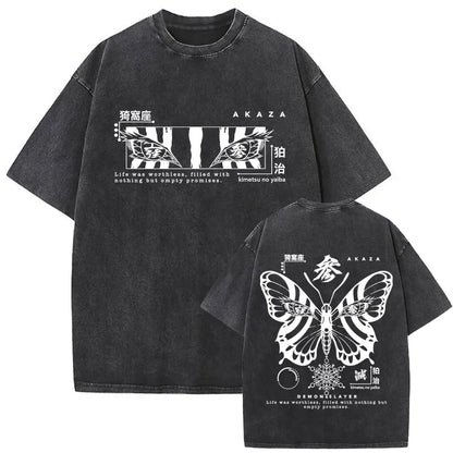 Washed Vintage Anime Demon Slayer Akaza Butterfly Eyes Graphic T Shirts Men Women Cartoon Manga Merch T-shirt Male Cotton Tshirt