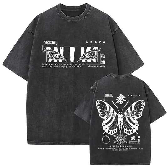 Washed Vintage Anime Demon Slayer Akaza Butterfly Eyes Graphic T Shirts Men Women Cartoon Manga Merch T-shirt Male Cotton Tshirt