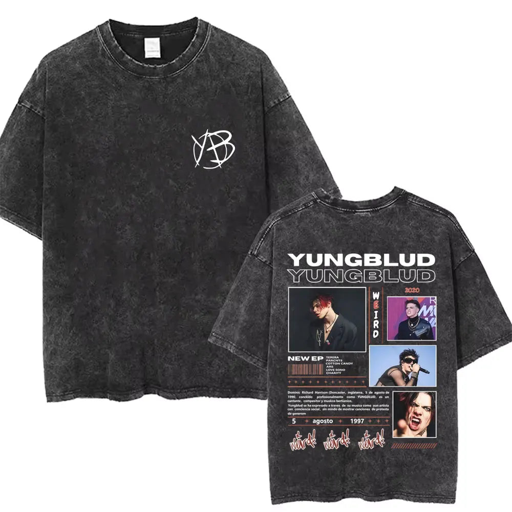 Washed Vintage Rocker Yungblud IDOLS Album Tour Double Sided Print T-shirts Men Women Fashion Hip Hop Rock Short Sleeve T Shirts