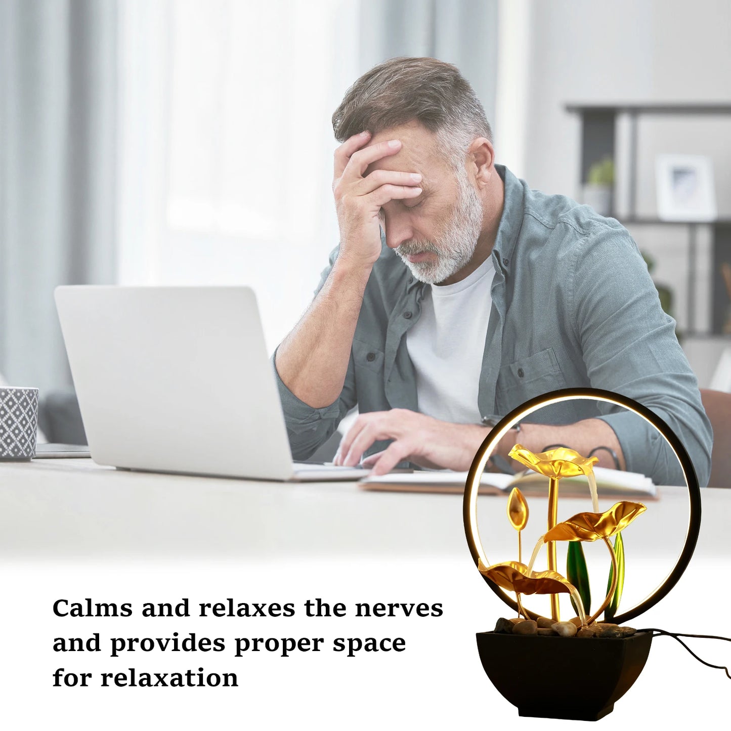 Tabletop Water Fountain USB Powered Relaxation Desktop Waterfall Fountain With Natural Rocks And LED Ring Lights For Home Decor