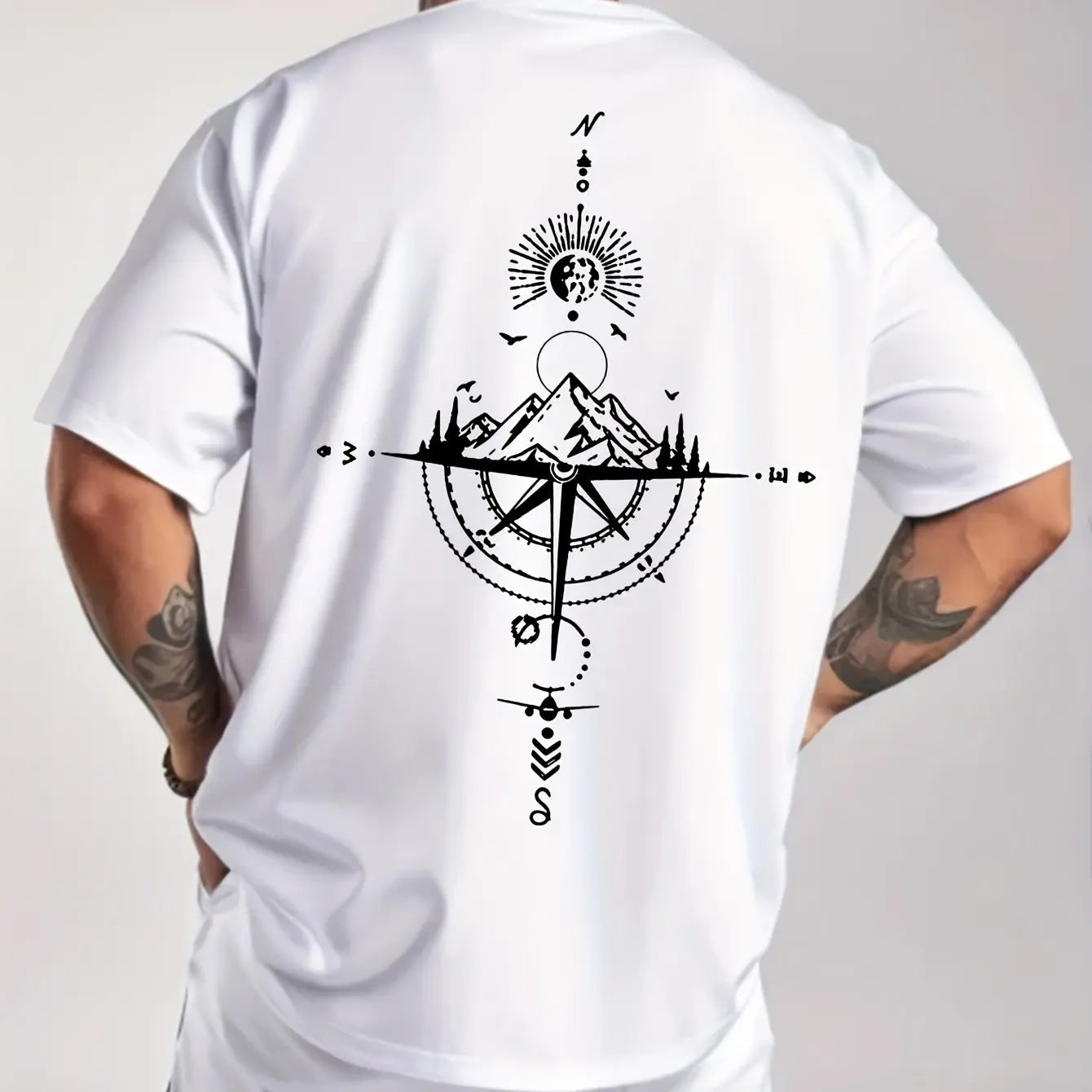 Summer men's 100% pure cotton casual sports loose oversized retro compass printed comfortable round neck short sleeved T-shirt