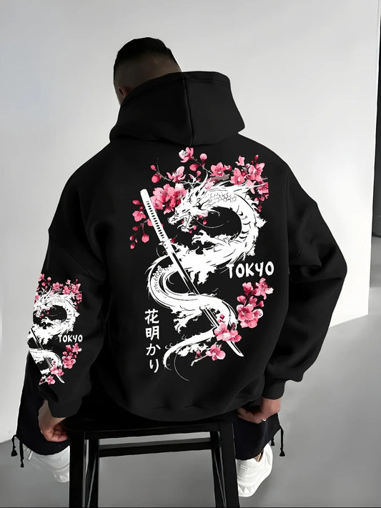 New Men's Anime Dragon Cherry Blossom Printed Hooded Sweatshirt Winter Fleece Warm Casual Street Comfort Inspired Design Hoodie