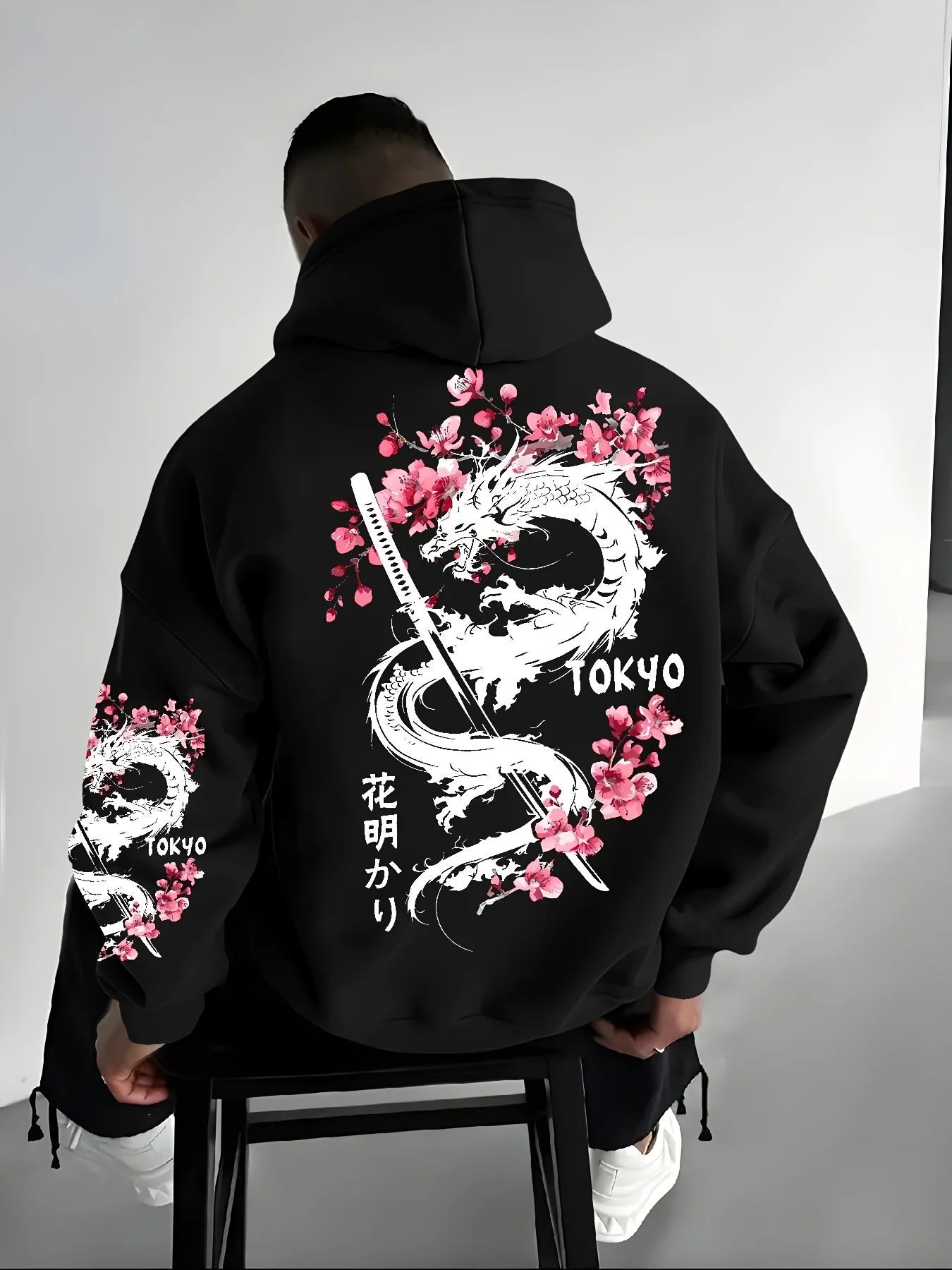 New Men's Anime Dragon Cherry Blossom Printed Hooded Sweatshirt Winter Fleece Warm Casual Street Comfort Inspired Design Hoodie