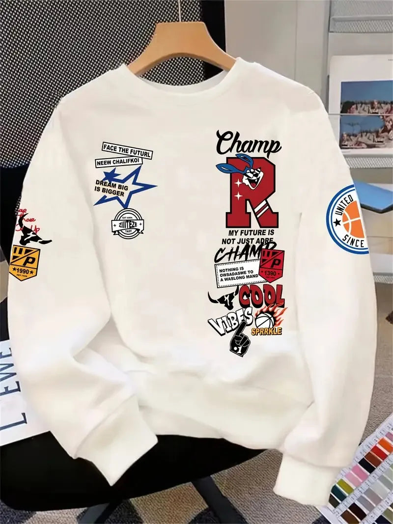 The new men's round-neck hoodie for Spring and Autumn 2025 features a street casual and fashionable 3D letter pattern print