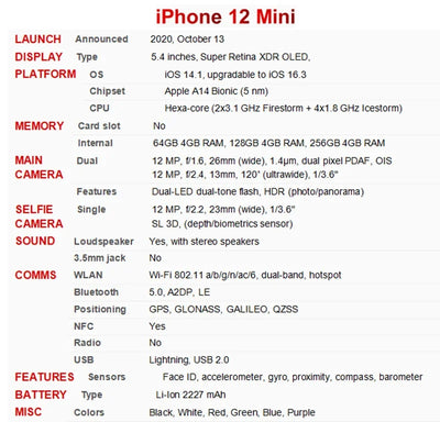 100% Original Unlocked Apple iPhone 12 mini 5.4" Genuine 4GB RAM 64/128/256GB ROM A15 Bionic IOS Face ID NFC 5G SmartPhone