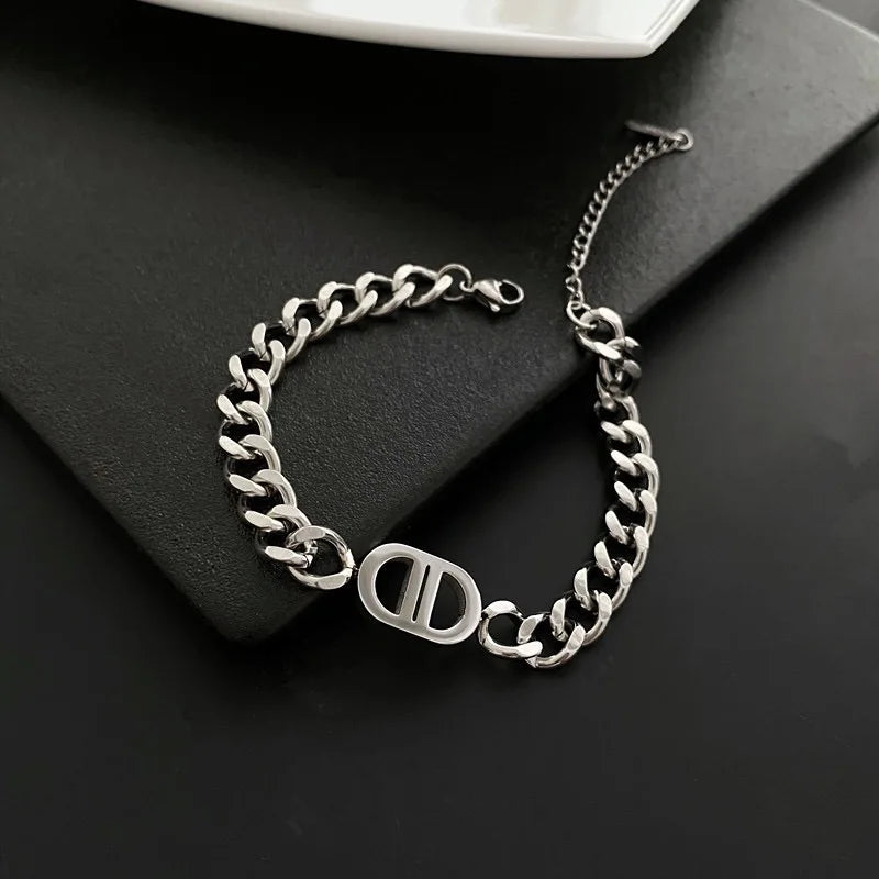 1 Stylish Double D Chain Stainless Steel Necklace and Bracelet Set, Unisex Style, High-end Elegant Party Celebration Accessories
