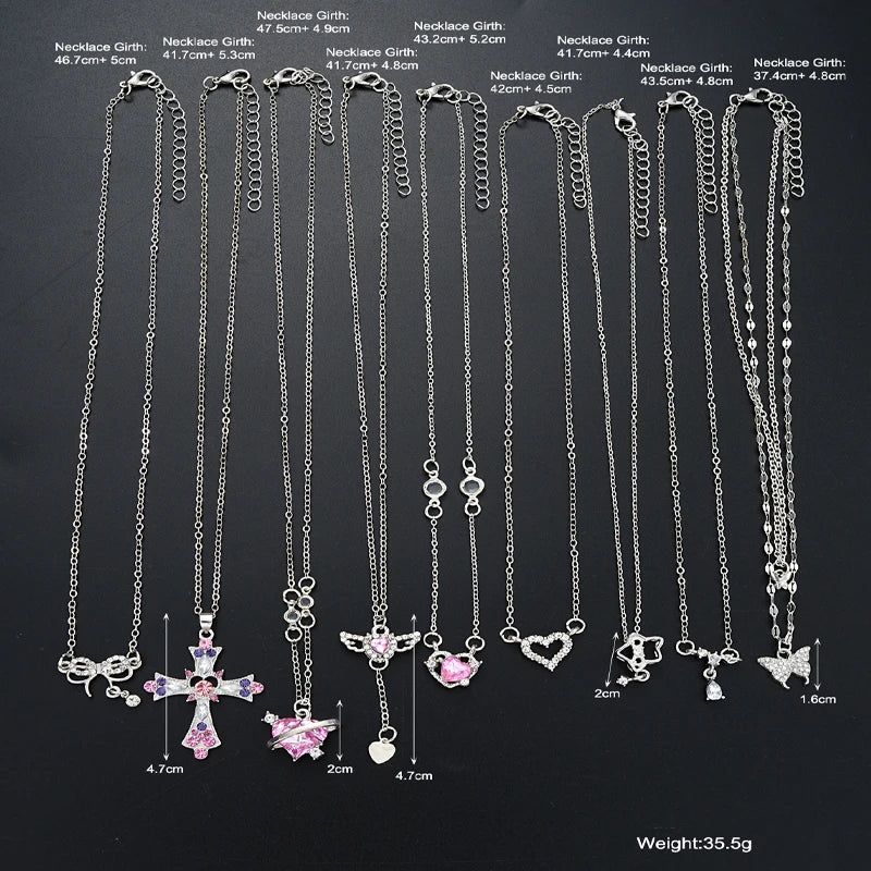 9 Pcs Women's Elegant Zircon Pendants Necklace Set Fashion Pink Color Cross Butterfly Heart Bowknot Necklaces Party Jewelry Gift