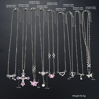 9 Pcs Women's Elegant Zircon Pendants Necklace Set Fashion Pink Color Cross Butterfly Heart Bowknot Necklaces Party Jewelry Gift