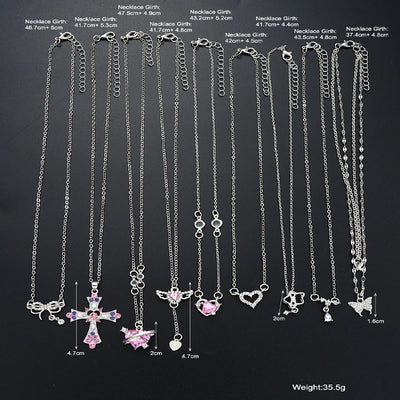 9 Pcs Women's Elegant Zircon Pendants Necklace Set Fashion Pink Color Cross Butterfly Heart Bowknot Necklaces Party Jewelry Gift