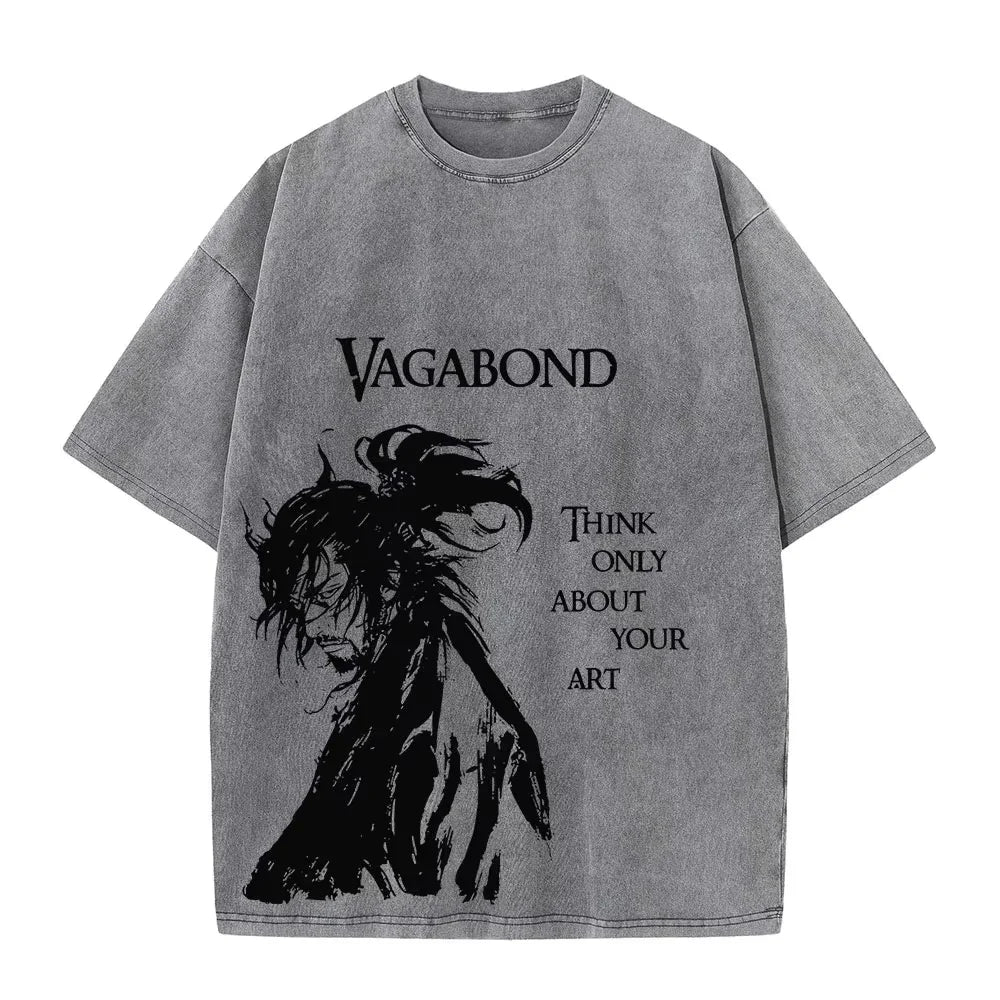 2025 Men Streetwear Anime Vagabond Graphic Print Vintage Harajuku Washed Black T Shirt Men Summer Casual Cotton Loose Top Tee