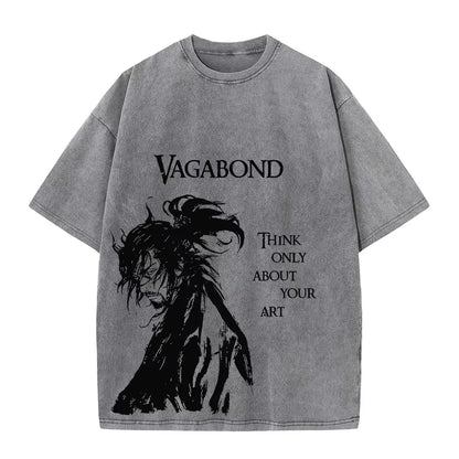 2025 Men Streetwear Anime Vagabond Graphic Print Vintage Harajuku Washed Black T Shirt Men Summer Casual Cotton Loose Top Tee