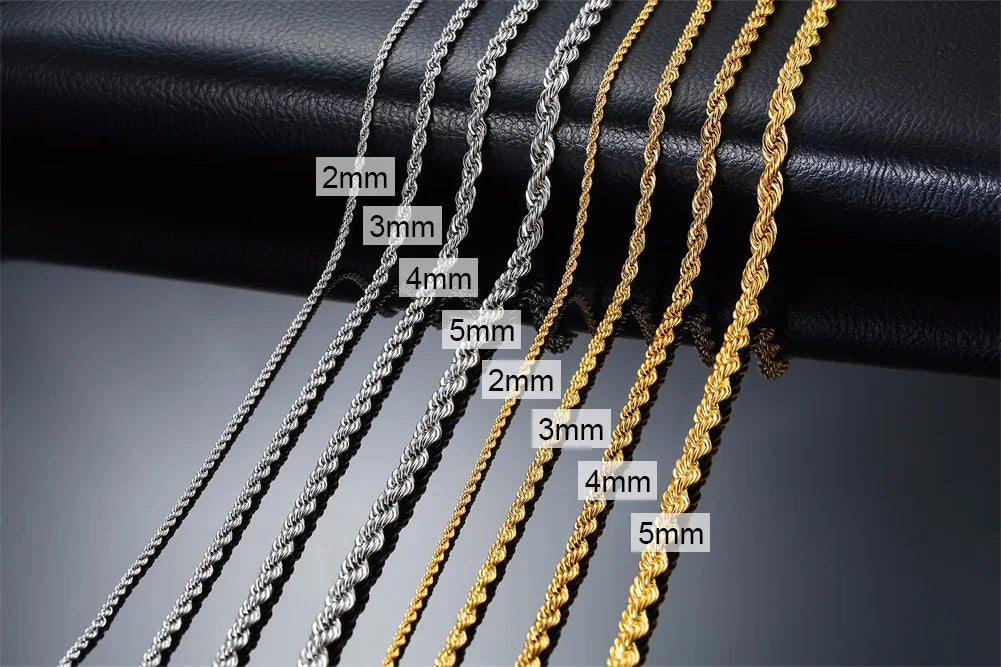 Ropes Long Necklace for Men Women,Stainless Steel Minimalist Twist Rope Chain Necklace,Punk Gold Silver Black Color 2 TO 5mm