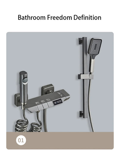 Modern Shower System Full Set Grey 2 Way Piano Keys Bathroom Shower Set Wall Mounted Brass Bathtub Digital Display Shower Faucet