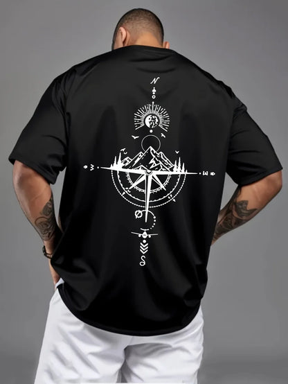Summer men's 100% pure cotton casual sports loose oversized retro compass printed comfortable round neck short sleeved T-shirt