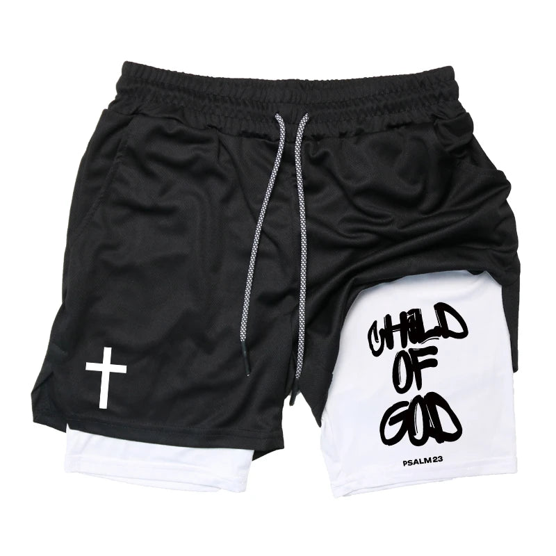 Print 2 in 1 Running Workout Shorts for Men Christian Gym Athletic Performance Shorts with Phone Pocket Towel Loop Activewear