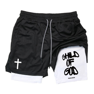 Print 2 in 1 Running Workout Shorts for Men Christian Gym Athletic Performance Shorts with Phone Pocket Towel Loop Activewear