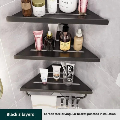 Bathroom Stainless Triangle Drain Shelf No Drilling Wall Mounted Cosmetic and Toiletries Carbon Steel Shelf with Hooks Holder