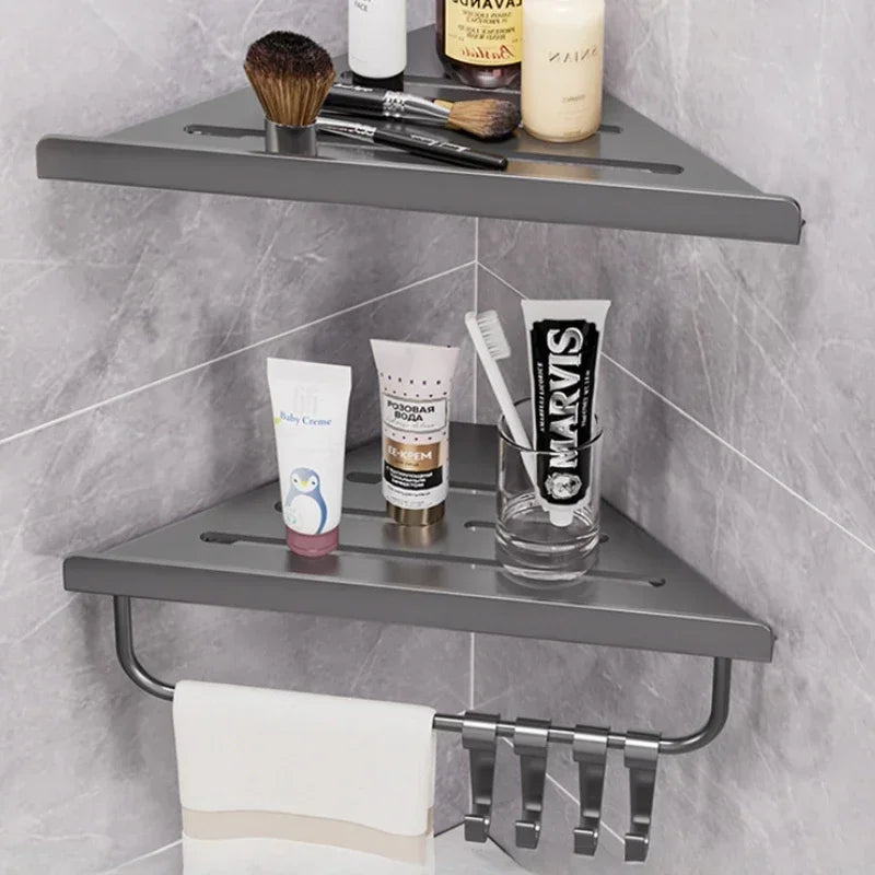 Bathroom Stainless Triangle Drain Shelf No Drilling Wall Mounted Cosmetic and Toiletries Carbon Steel Shelf with Hooks Holder