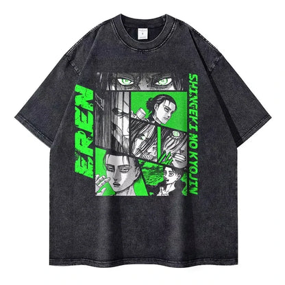 Eren Jaeger 2D T-shirts Vintage Washed Anime T-Titan A-Attack T Shirt Manga Shingeki no Kyojin Levi Mikasa Short Sleeve Tops