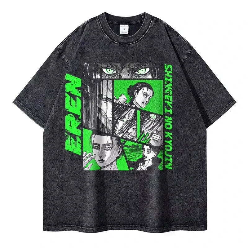 Eren Jaeger 2D T-shirts Vintage Washed Anime T-Titan A-Attack T Shirt Manga Shingeki no Kyojin Levi Mikasa Short Sleeve Tops