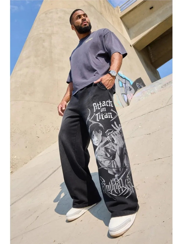 Young American trendy sweatpants collaboration anime joggers, cotton terry print, wide-leg casual pants, hip-hop street pants