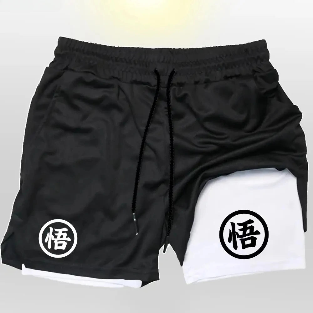 Goku Anime Running Shorts Men Fitness Gym Training 2 in 1 Sports Shorts Quick Dry Workout Jogging Double Deck Shorts