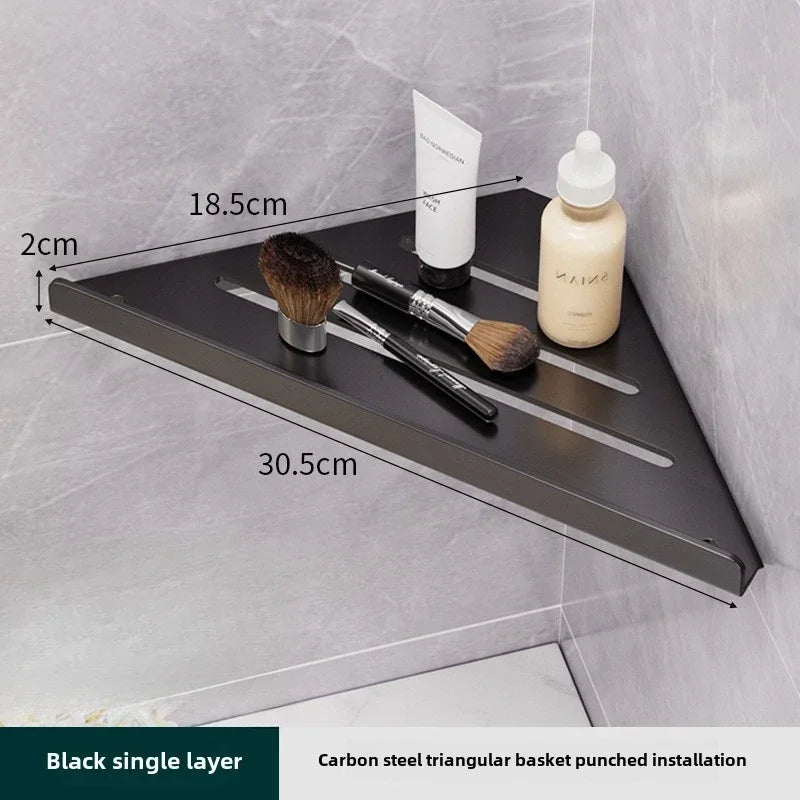 Bathroom Stainless Triangle Drain Shelf No Drilling Wall Mounted Cosmetic and Toiletries Carbon Steel Shelf with Hooks Holder