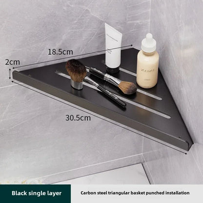 Bathroom Stainless Triangle Drain Shelf No Drilling Wall Mounted Cosmetic and Toiletries Carbon Steel Shelf with Hooks Holder