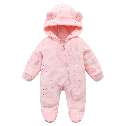 OLEKID 2025 Autumn Winter Newborn Baby overalls Plus Velvet Hooded Kids Baby Girl Rompers 0-1 Years Toddler Boy Jumpsuit Outfits