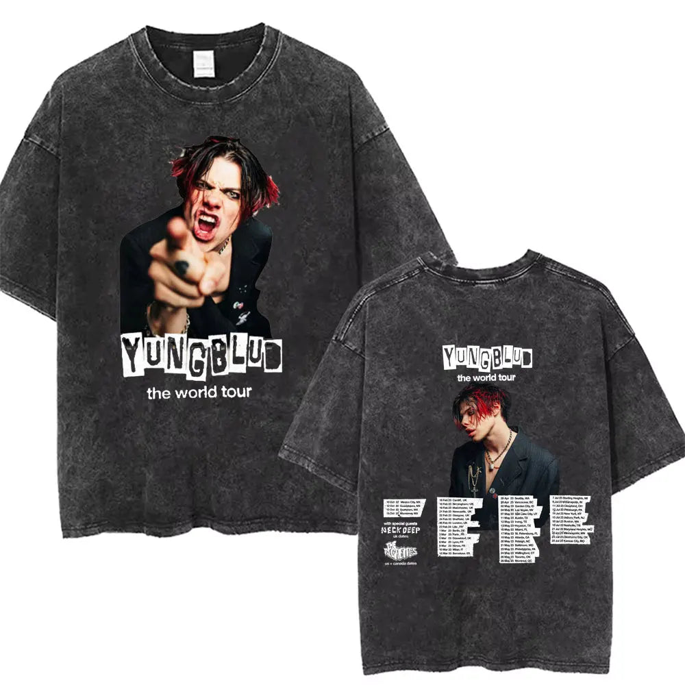 Washed Vintage Rocker Yungblud IDOLS Album Tour Double Sided Print T-shirts Men Women Fashion Hip Hop Rock Short Sleeve T Shirts
