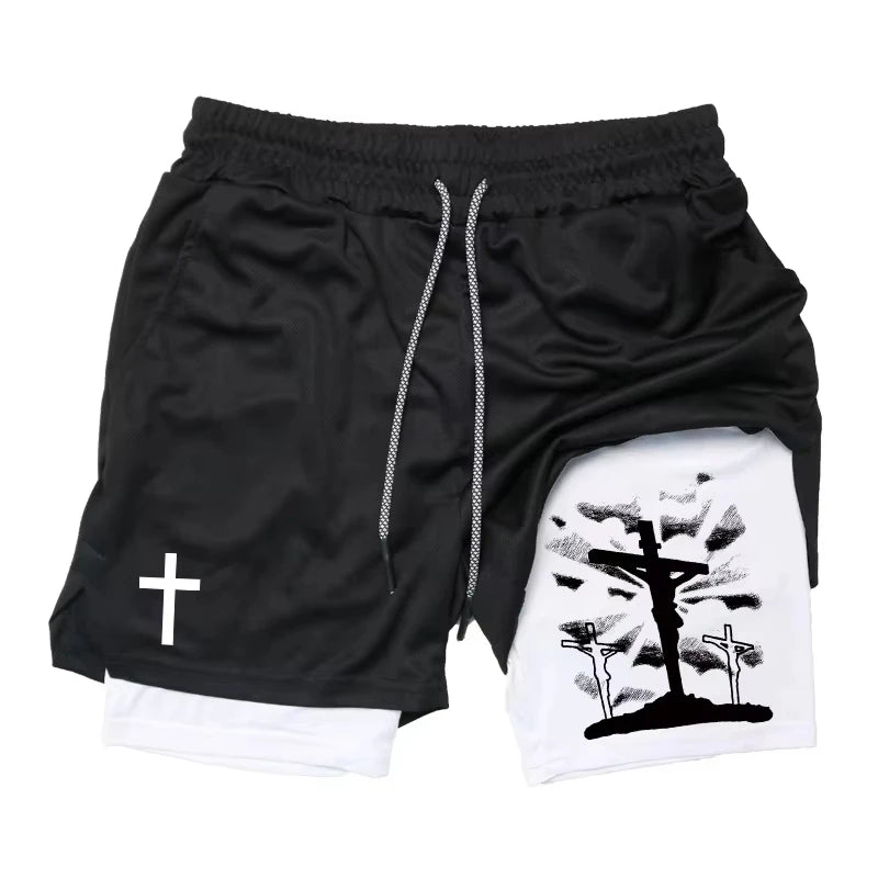 Summer New Cross Bible Printed Shorts: Unisex Double-Layer 2-in-1 Quick-Dry Sports & Fitness Pants, Beach Shorts RL10006